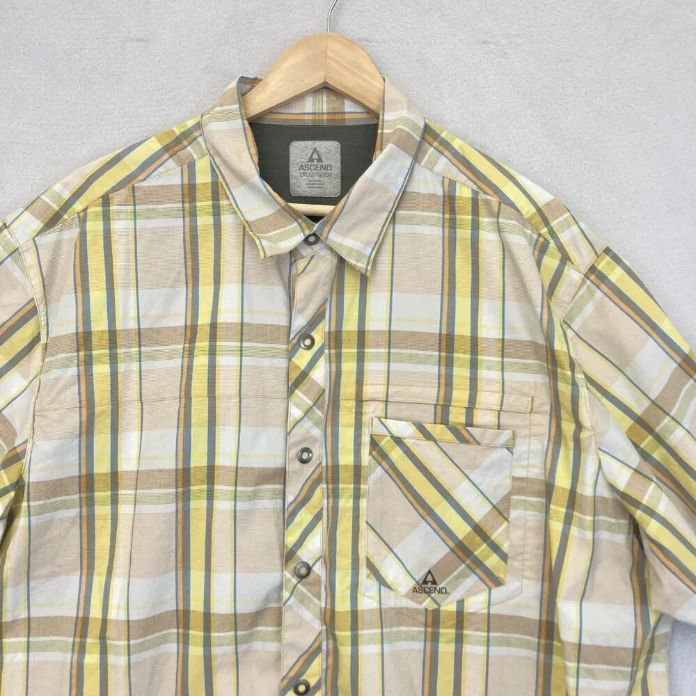 Ascend Snap Up Lightweight Shirt Mens 2XL Plaid Yellow Brown‎ Outdoor Pocket XXL